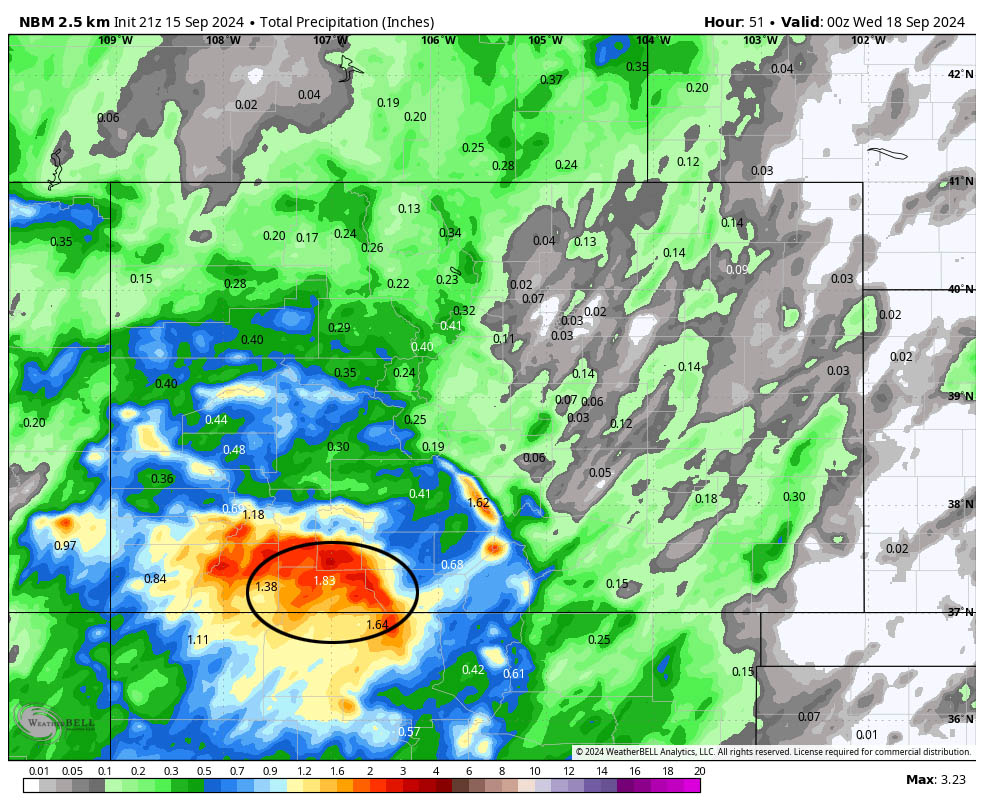 Gonna get a soaking… 4 NBM forecast precip to Tuesday at 6pm shows 1.83” in the Pagosa area. That’s a pretty big increase. For verification after the storm, here are the totals from other 12z forecast models on Sunday: Euro: 1.69”, GFS: 1.12”, Canadian: 2.95”, Icon: 2.85”, WPC: 1.32”, Euro AI: 1.34”, Euro ensemble: 2.12”, GFS ensemble: 1.38”, Canadian ensemble: 1.45”, HRRR 18z run to noon Tuesday: 1.26”, NAM 18z run:1.67”.