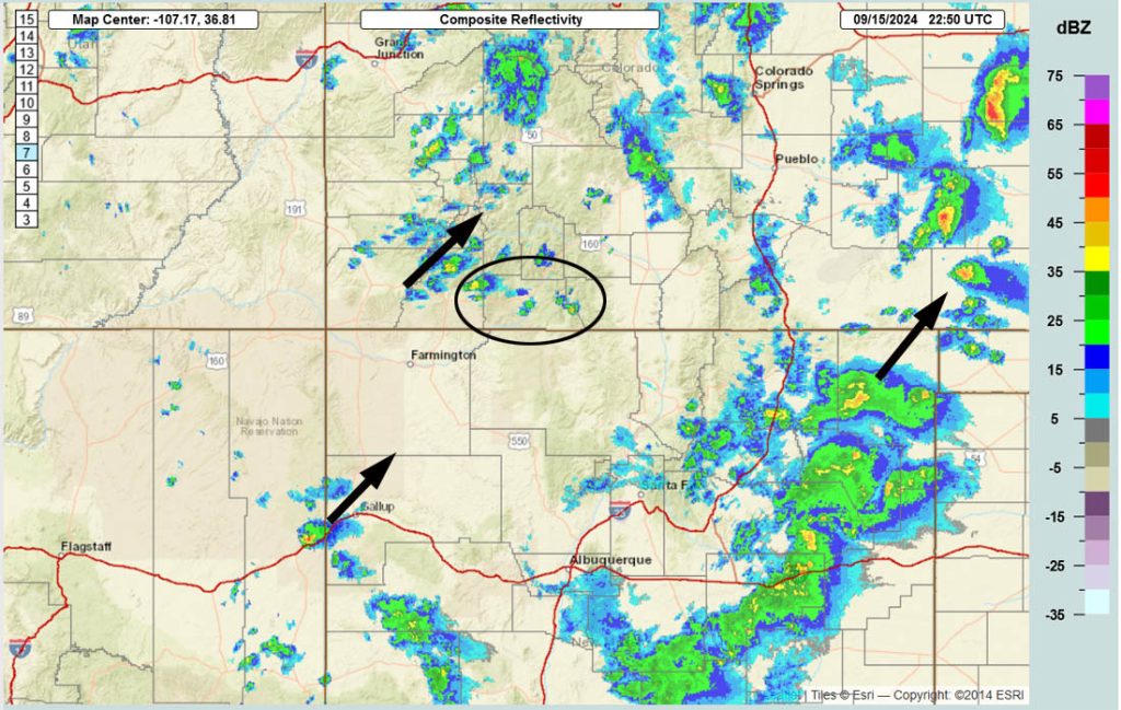 Gonna get a soaking… 2 Radar at 4:50pm Sunday afternoon – A couple of weak showers moved through parts of Archuleta County this afternoon. That will continue into the evening. They’re moving towards the northeast.