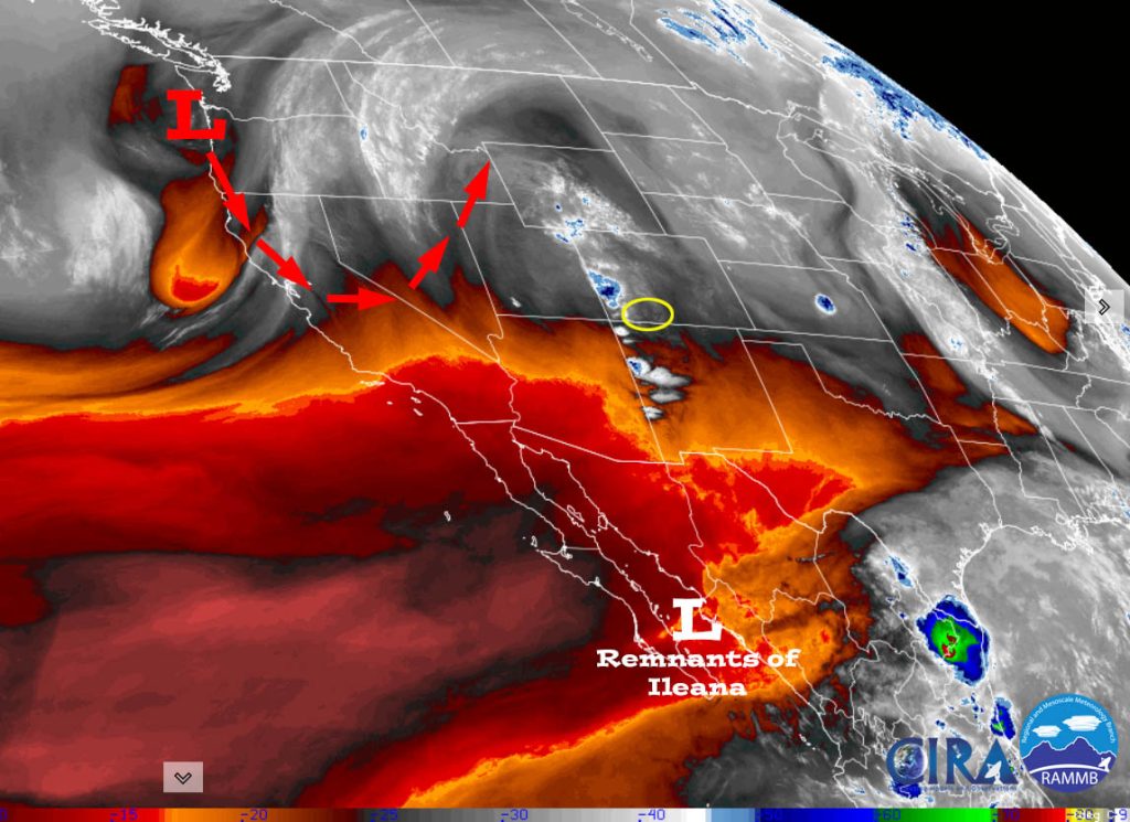 Gonna get a soaking… 1 Water vapor satellite Sunday afternoon – The low near Pacific Northwest coast will move through NV on Tuesday. It will draw moisture from the remnants of Ileana. A cold front will move through the region Tuesday afternoon.
