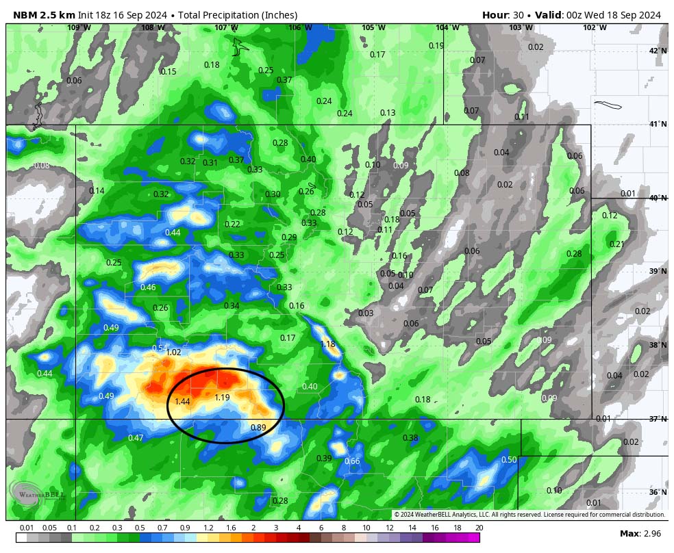 More rain is on the way… 5 NBM forecast precip to Tuesday at 6pm shows 1.19” in the Pagosa area. I think a few lucky areas will get this much, but most of us will get less.