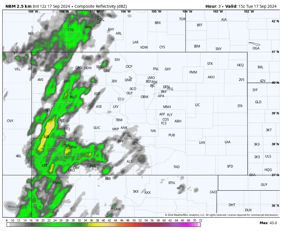 Intense showers and thunderstorms ahead of the cold front this afternoon… 5 NBM forecast radar from 10am to 6pm Tuesday – A few fast-moving, intense showers and thunderstorms move through parts of the county during the morning. Things really ramp up roughly 11am to 4pm ahead of the front and then clear out pretty quickly behind the front.