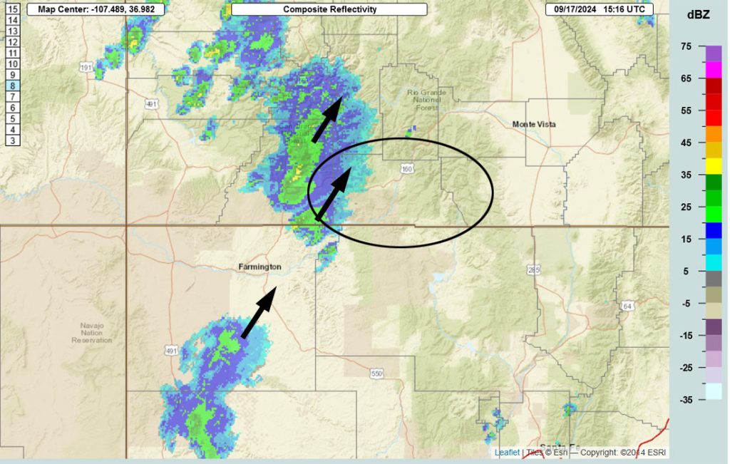 Intense showers and thunderstorms ahead of the cold front this afternoon… 3 Radar at 9:16am Tuesday morning – A band of fast moving showers if moving through La Plata County and western Archuleta County.