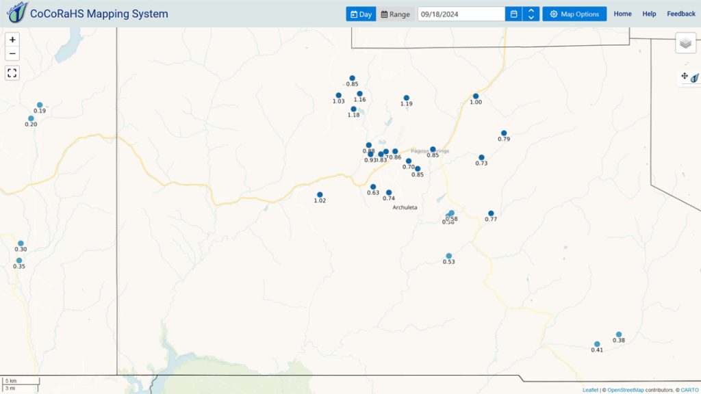 Scattered showers Saturday afternoon and evening… 1 CoCoRaHS 24-hour precip reports this morning range from 0.38” to 1.19”. The rain lottery winner was Frank in Hidden Valley.