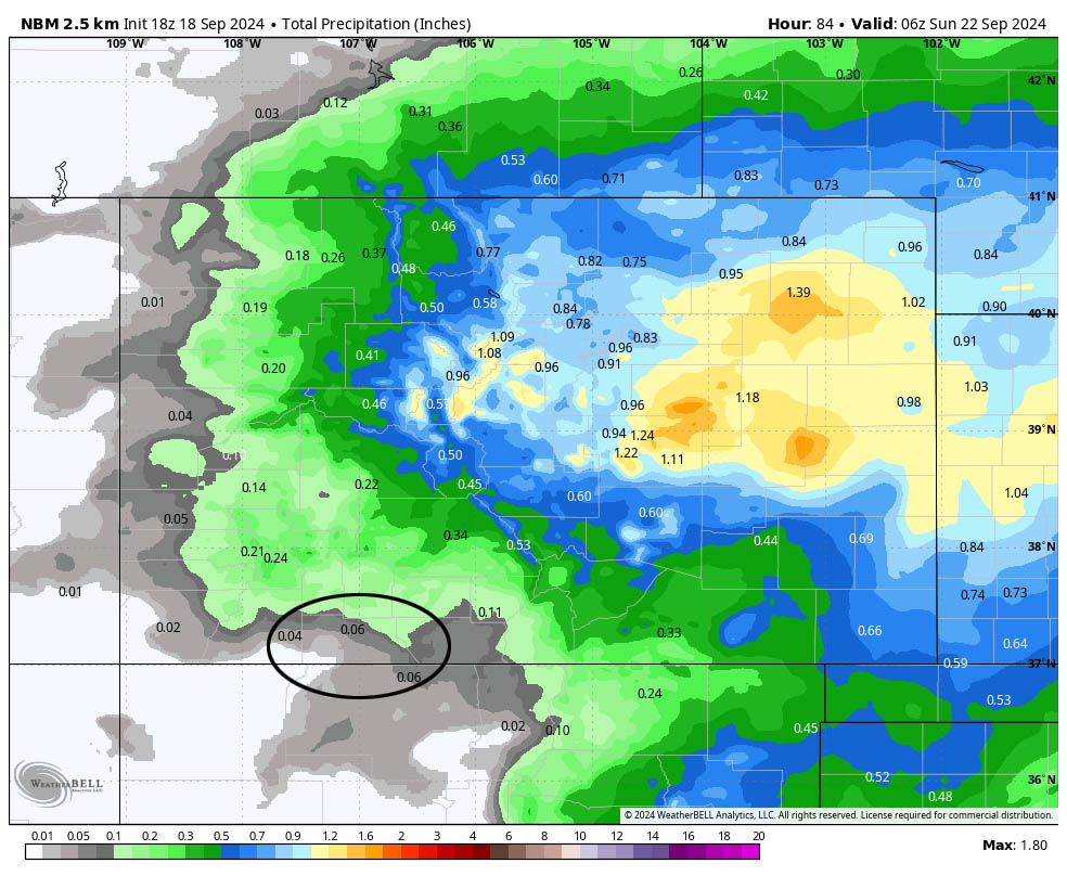 Scattered showers Saturday afternoon and evening… 6 NBM precip to late Saturday evening expects 0.06” near Pagosa and up to 0.15” in our mountains. This looks good to me but precip amounts will vary. This system will favor eastern CO and the Front Range.