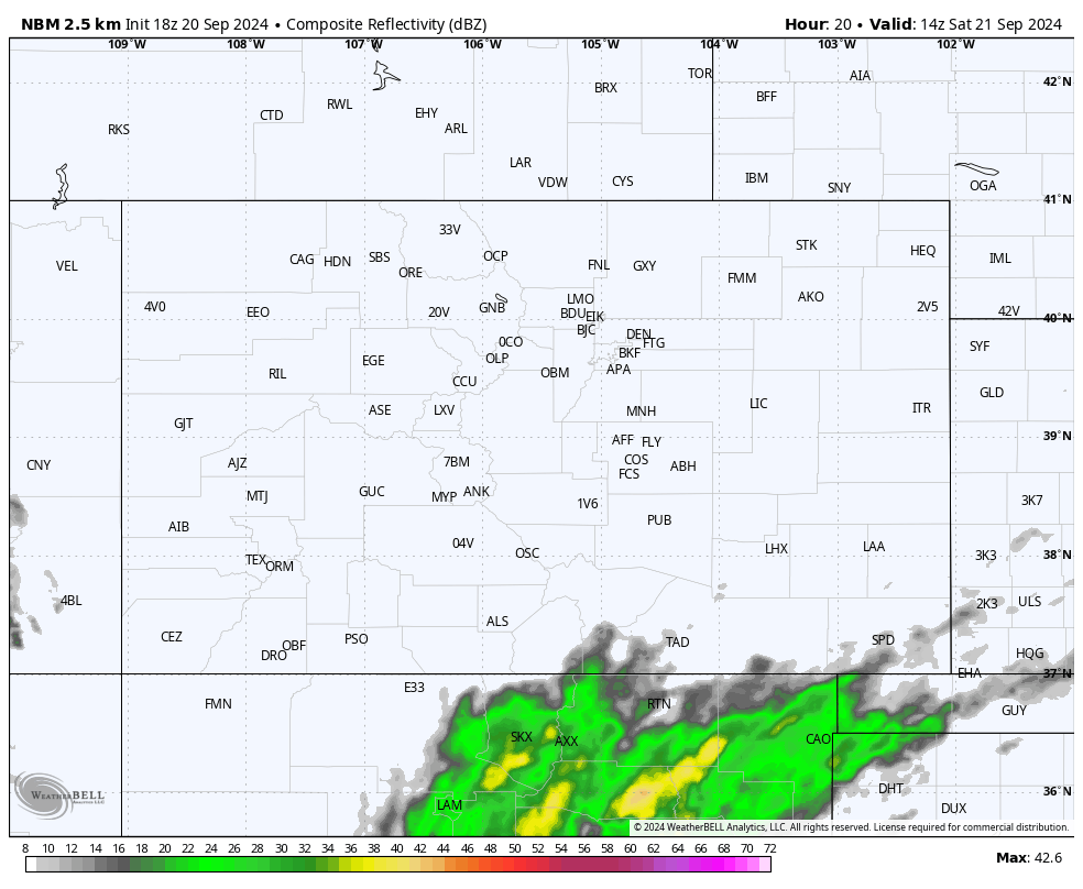 NBM forecast radar Saturday 8am to midnight – Showers slowly increase over our mountains after 11am and then over the valley after 2pm. The best chance for showers is roughly 3pm to 8pm.