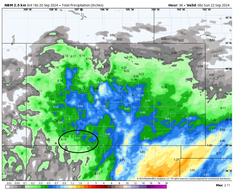 NBM precip to late Saturday evening expects 0.41” near Pagosa and up to 0.60” in our mountains. The forecast models are trending towards higher precip amounts.