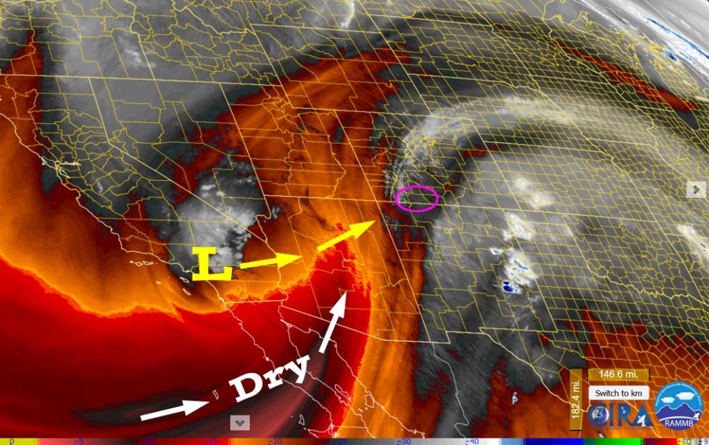 Water vapor satellite Friday afternoon – Upper-level south-southwest flow is pushing a little moisture into our area. The low over southern CA doesn’t have much moisture. It will move nearly over our heads Saturday evening.