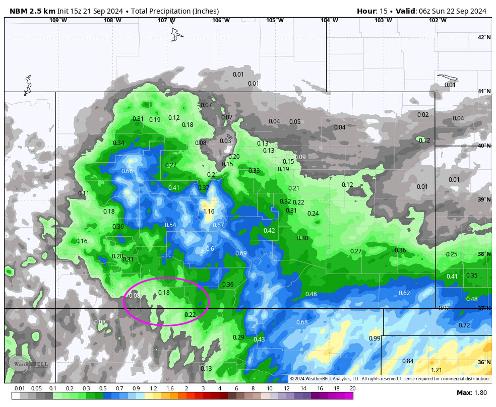 NBM precip to late Saturday evening expects 0.18” near Pagosa and up to 0.50” in our mountains.