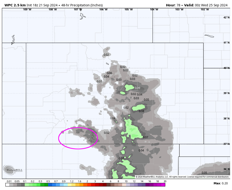 WPC precip for this period shows hardly anything in the Pagosa area and up to 0.10” in our mountains. Precip amounts will be spotty and light.