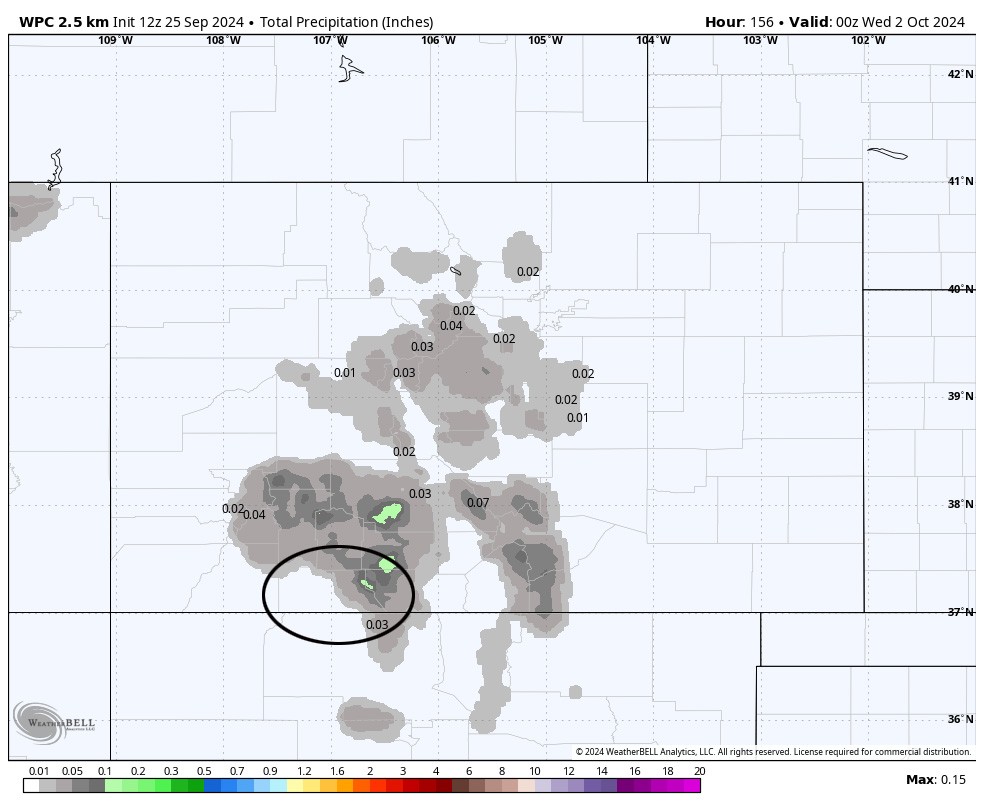 Blocking high equals great fall weather… 2 WPC precip shows less than 0.10” along the mountains on Friday.