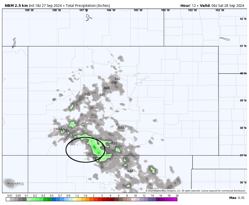 A spotty shower or thunderstorm today – nice for a while… 5 NBM precip through Friday evening shows less than 0.05” along the mountains Friday afternoon.