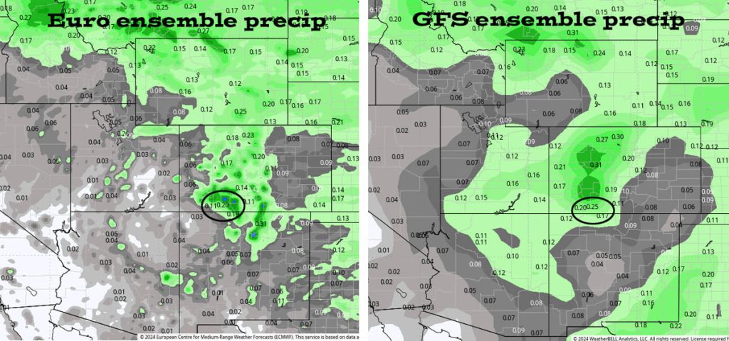 A spotty shower or thunderstorm today – nice for a while… 6 Euro ensemble precip to 12 Oct at 6am on the left expects 0.20” and GFS ensemble precip on the right expects 0.25”. I think it’s going to be pretty dry for the next two weeks.