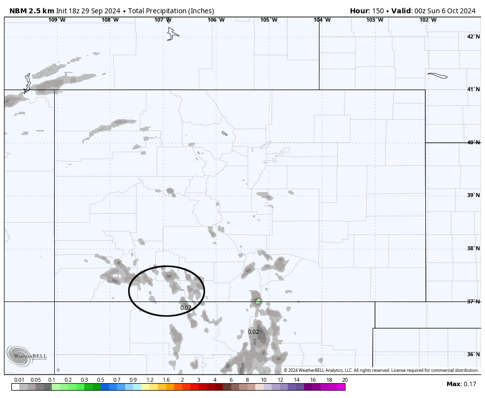 A spotty shower today and tomorrow, otherwise a lot of sun… 3 NBM precip through Saturday evening shows less than 0.05” for a few lucky parts of the county.