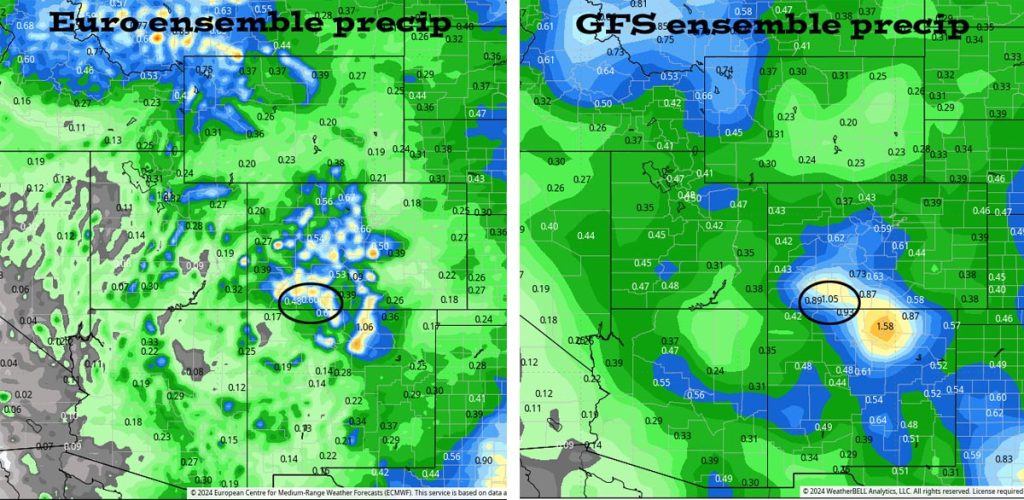 The Euro ensemble precip to 20 Sep at 6am on the left expects 0.60” in the Pagosa area while GFS on the right expects 1.05”. At this point, I agree with the lower amounts of the Euro.