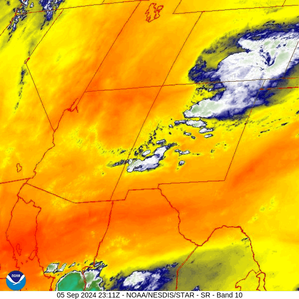 Water vapor satellite loop Thursday roughly 5-6pm – A low-pressure system is spinning over eastern CO.  We’re in the northerly flow on the backside of the low. The yellow and orange is dry air.  The drier air over UT will move east tonight and tomorrow.