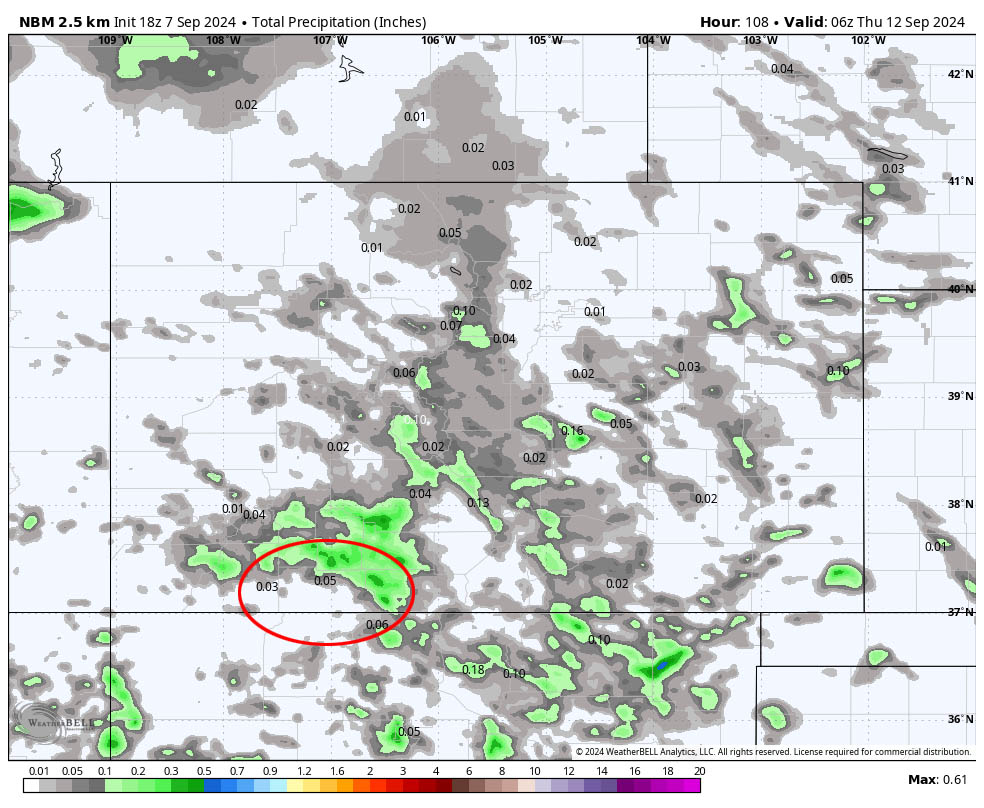 NBM precip for this period shows 0.05” near Pagosa Springs and up to 0.30” in our mountains. It’s spotty convective showery precip so any single storm can drop this amount over a small area.