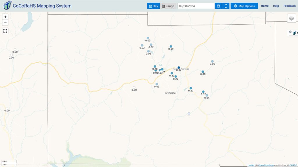 CoCoRaHS 24-hour precip reports from Sunday morning ranged from zero to 0.37”. Chuck was the rain lottery winner in town.