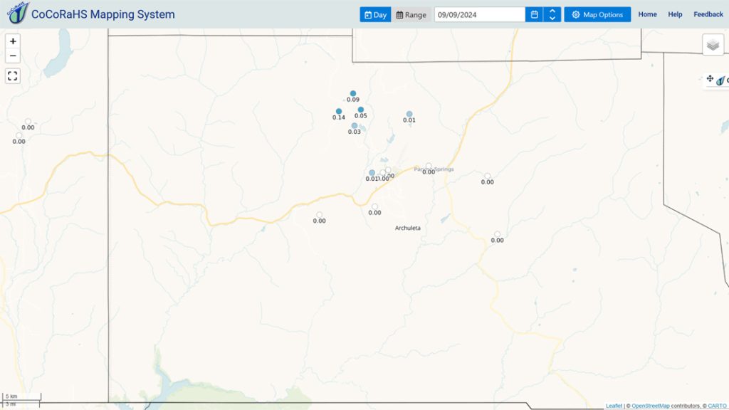 CoCoRaHS 24-hour precip reports from this morning (Monday) ranged from zero to 0.14”. Arleen was the rain lottery winner north of Turkey Springs.