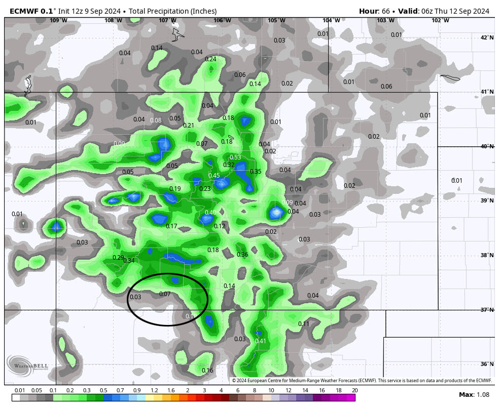 Euro forecast model precip for this period shows 0.07” near Pagosa Springs and up to 0.50” in our mountains. It’s spotty convective showery precip so any single storm can drop this amount over a small area.