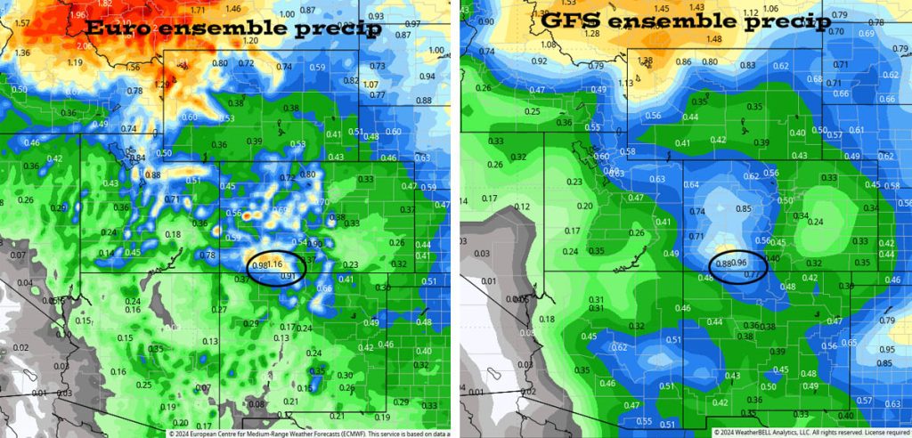 The Euro ensemble precip to 24 Sep at 6am on the left expects 1.16” in the Pagosa area while GFS on the right expects 0.96”. It’s good to see the models getting closer on their solutions. The models expect a strong low-pressure system moving through the western US roughly 16-18 Sep. The best storm energy and moisture is expected to stay to our north.  If the system takes a more southerly route, we’ll see more precip. The forecast models struggle during the fall transition season.