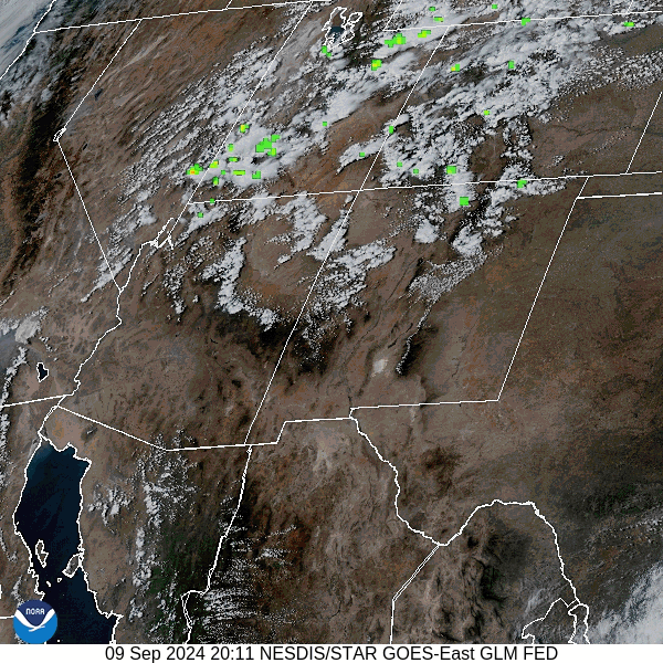 Satellite and lightning loop roughly 2-3pm Monday – Moisture and instability are enough to kick up scattered storms across the Four Corners region.  