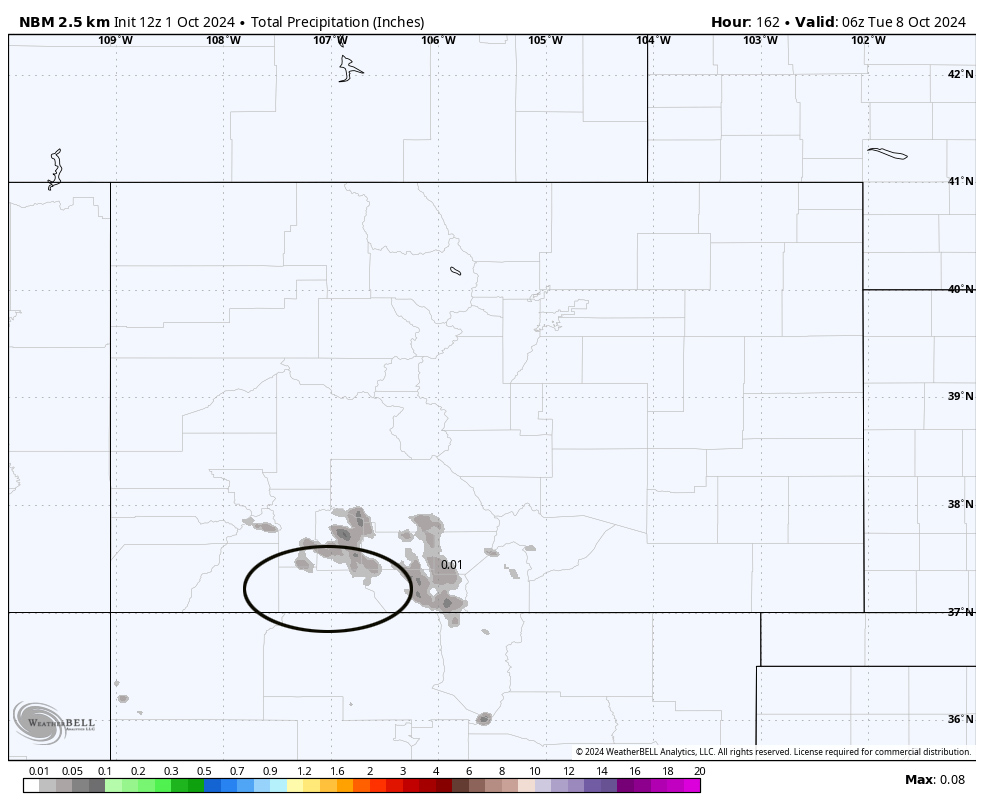 NBM precip through Monday evening shows a few raindrops over the mountains.