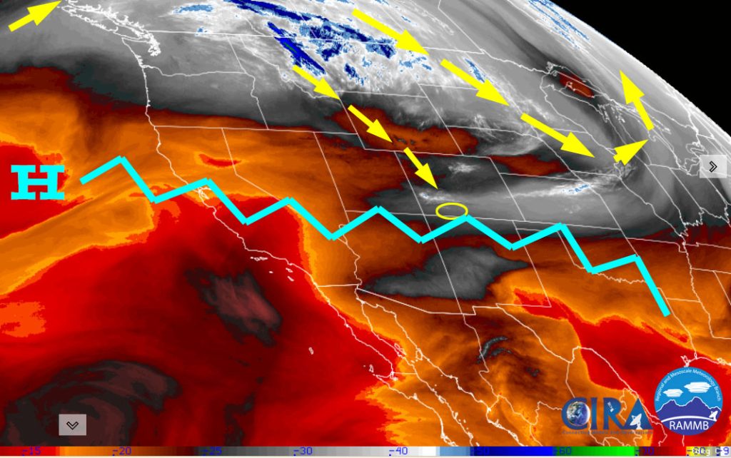 Satellite Tuesday morning – The high off the CA coast and ridge are forcing the storm track well to our north.  We have weak flow out of the northwest in our area that will keep us dry and stable.