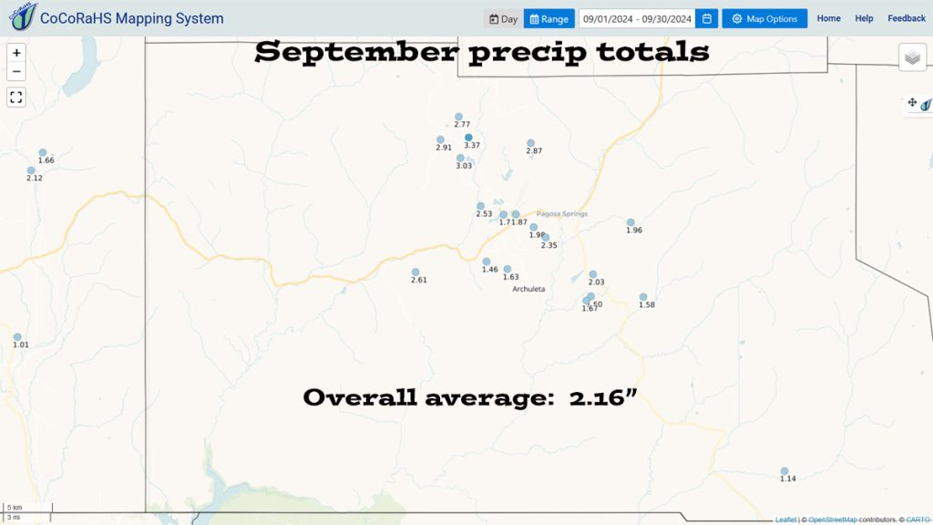Pagosa Weather SEPTEMBER SUMMARY & October Outlook 3 CoCoRaHS precip totals ranged from 1.14″ to 3.37″. 10 out of 19 locations had more than the average of 2.00″.