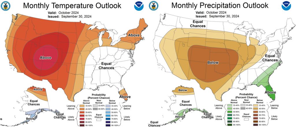 Pagosa Weather SEPTEMBER SUMMARY & October Outlook 8 The CPC temp outlook for October on the left shows a 70-80% chance for above average temps.
The precip outlook on the right expects a 50-60% chance for below average precip.