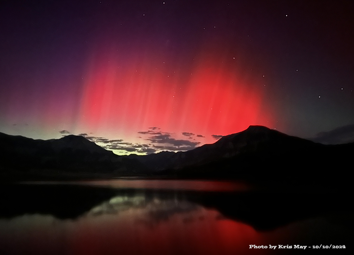 The Northern Lights put on a great show last night! This fantastic photo was taken by Kris May at Williams Creek Reservoir on 10/10/2024.