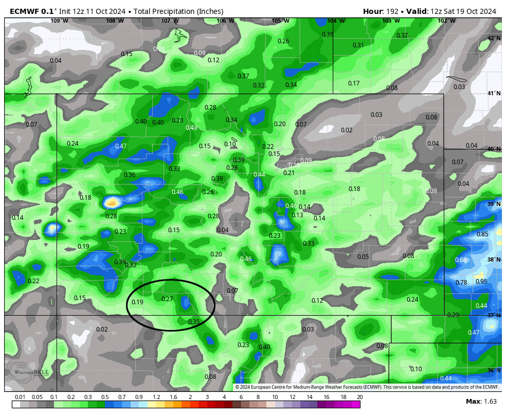 Euro forecast model precip for this period expects 0.27” near Pagosa, 0.35” near Chama, and up to 0.60” in our mountains. Right now this looks reasonable.