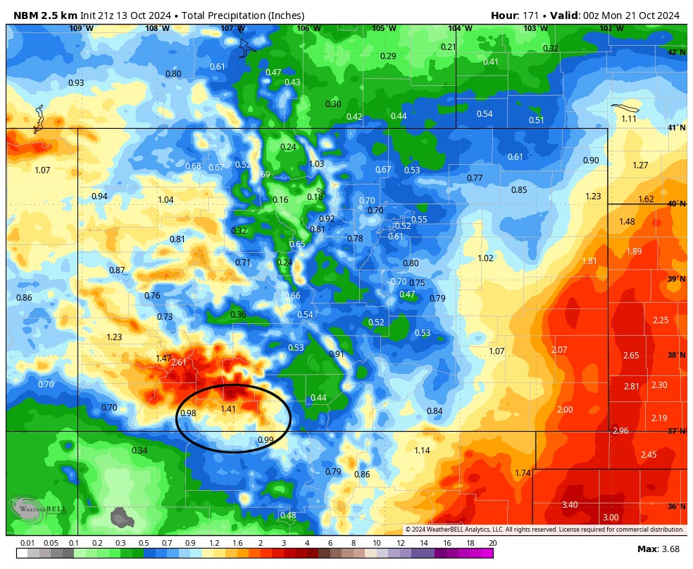 Snow amounts going up… 3 NBM precip through Sunday at 6pm expects 1.41” near Pagosa, 0.99” near Chama, and up to 2.50” in our mountains. This is a significant increase due to the expected track of the low-pressure system.