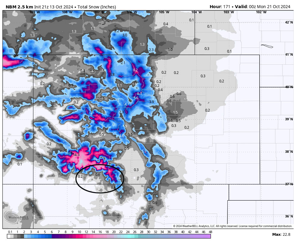 Snow amounts going up… 4 NBM snow through Sunday shows 0.6” near Pagosa, 0.8” near Chama, and 8-12” for Wolf Creek. All forecast models are trending up for snowfall for our mountains.