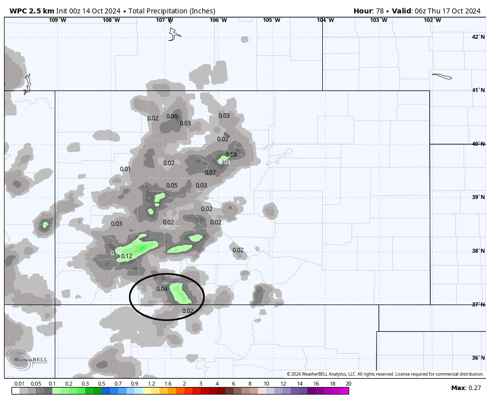 Snow amounts going up… 2 WPC precip through late Wednesday evening shows up to 0.20” in our mountains and 0.04” near Pagosa.