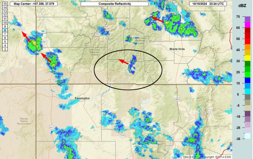 Radar at 5:34pm Tuesday afternoon – Spotty weak showers and virga are moving towards the northeast.