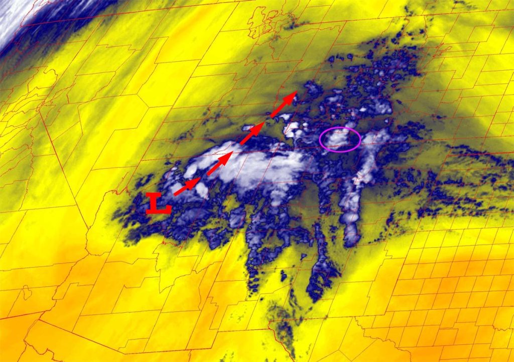 Satellite Tuesday afternoon – A weak low is spinning over northern AZ and kicking up spotty weak showers. The low will slowly move towards the northeast and weaken over the next 24 hours.