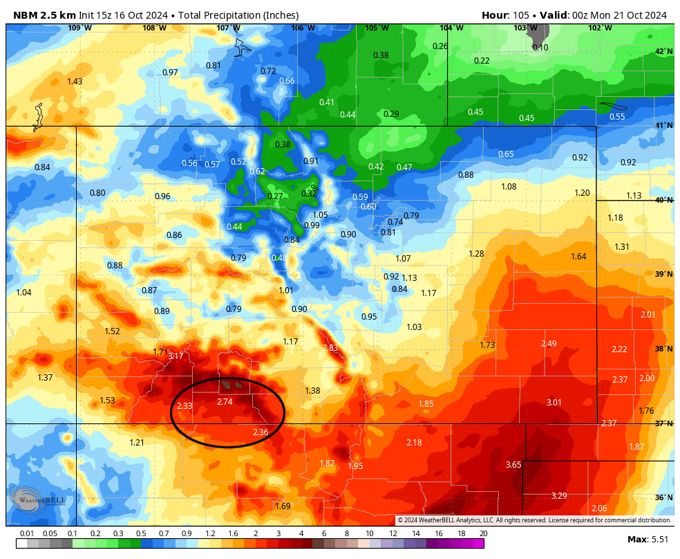 Lots of snow in the mountains this weekend… 5 NBM precip through Sunday at 6pm expects 2.74” near Pagosa, 2.36” near Chama, and up to 4.50” in our mountains. The forecast models continue to trend up with precip amounts.