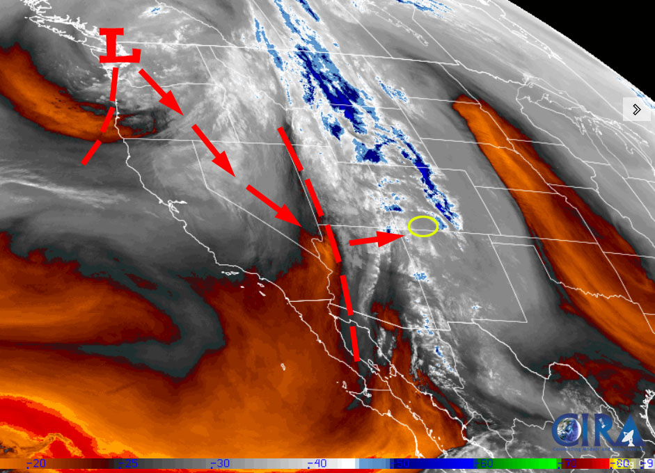 Mountain snow and mostly valley rain into Sunday afternoon… 3 Satellite Thursday morning – It’s an active weather pattern. The trough over western UT and AZ will move through our area Thursday evening. The low over WA will be in the Vegas area by Friday morning and then spin over the Four Corners area until Sunday afternoon.