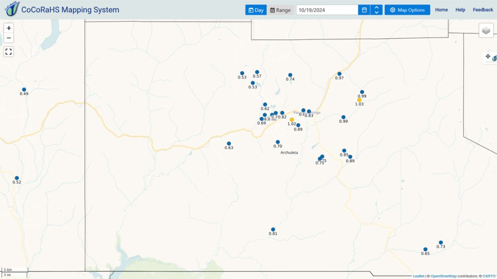 CoCoRaHS 24-hour precip reports range from 0.53” to 1.03”. The rain lottery winner was Mike in the upper Mill Creek area.