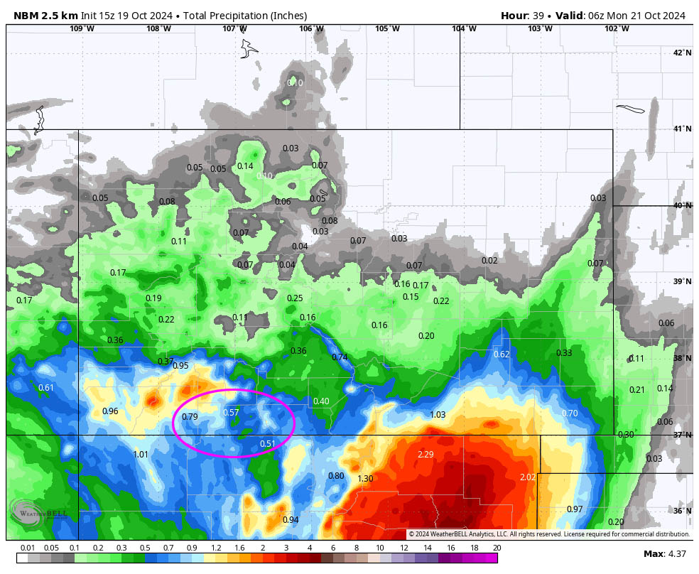 NBM precip from Saturday at noon through late Sunday evening shows 0.57” near Pagosa, 0.51” near Chama, and around 0.75” near Wolf Creek.