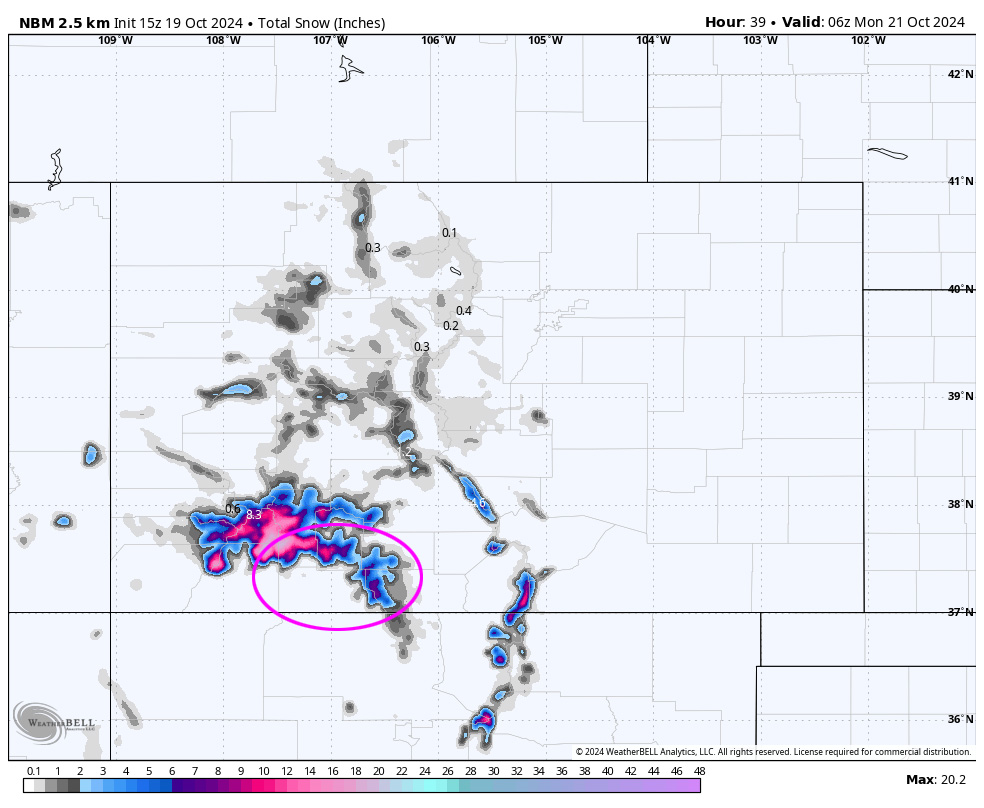NBM snow from Saturday at noon through late Sunday evening shows none below about 8,000ft and 5-10” near Wolf Creek. Note the heaviest snow is expected in the higher parts of the mountains to our northwest.  I’m concerned that flow will turn more easterly and the low gets closer which would decrease precip in the Pagosa and Wolf Creek areas.