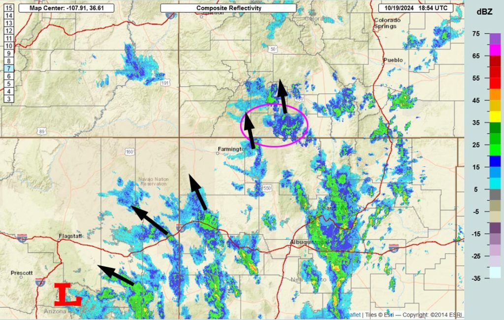 Radar at 12:54pm on Saturday – Showers in our area are moving towards the north-northwest.