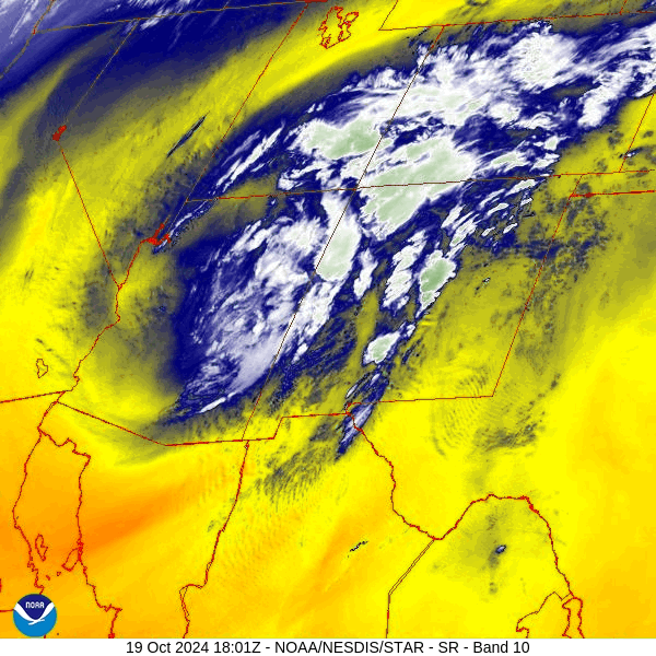 Satellite loop from noon to 1pm Saturday – The low is nearly stationary over central AZ. It will move over our heads Sunday evening.  It will continue to push bands of showers and thunderstorms through our area.