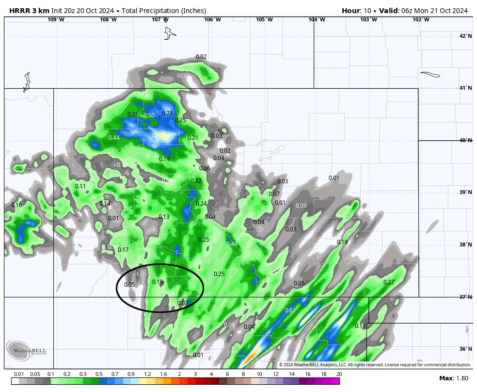 HRRR precip to midnight tonight shows 0.16” near Pagosa, 0.07” near Chama, and around 0.40” near Wolf Creek.