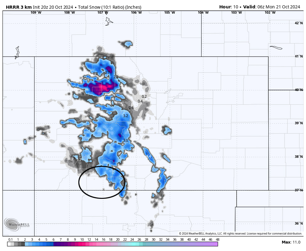 HRRR snow midnight tonight shows none below about 8,000ft and 2-4” near Wolf Creek.