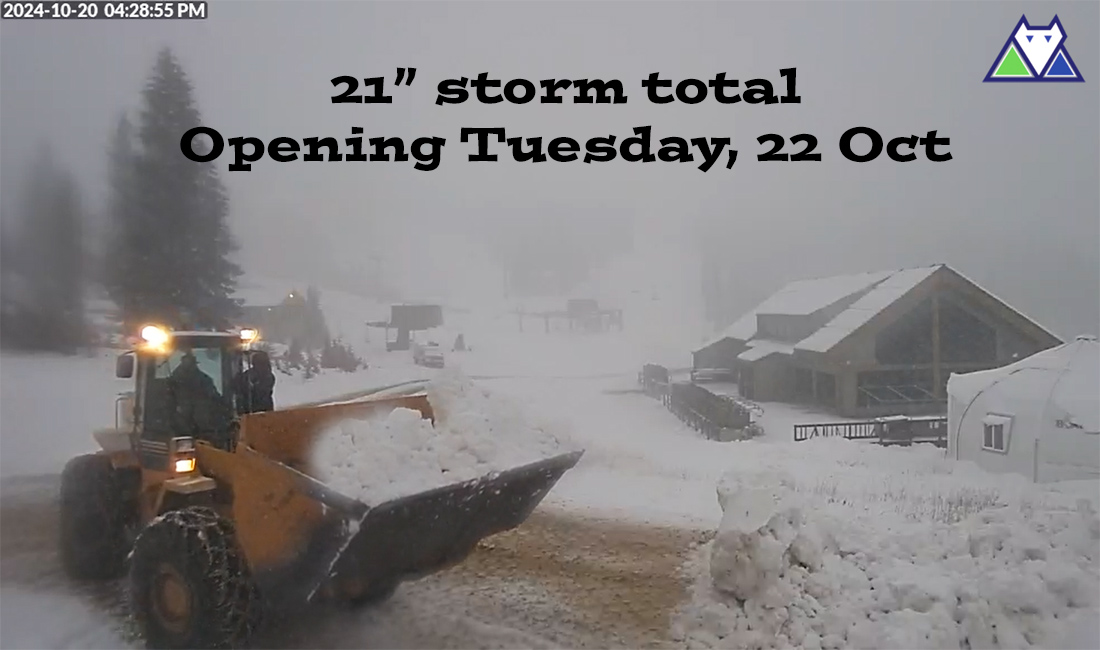 Wolf Creek reported a storm total of 21” as of 11:10am Sunday.  They plan to open on Tuesday! – Web cam capture 10/20/2024 at 4:28pm