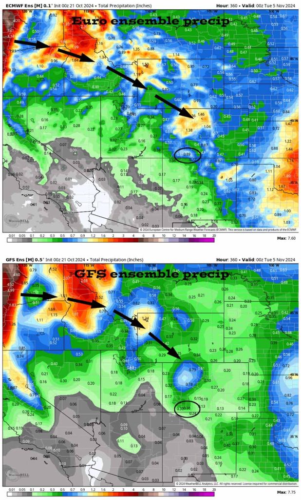 Sunny, dry, and pleasant temps for the rest of the week… 5 Euro ensemble precip to 5pm on 4 Nov on the top shows 0.89” near Pagosa. The storm track, black arrows, favors northern CO. GFS ensemble precip on the bottom shows 0.38”. It also expects a more northerly storm track.