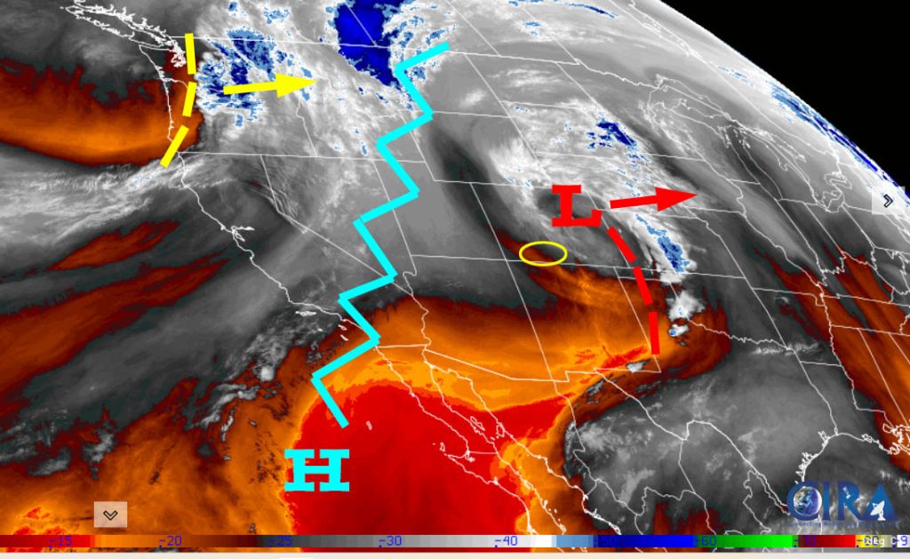 Sunny, dry, and pleasant temps for the rest of the week… 3 Satellite Monday morning – The low is spinning over eastern CO and will continue to move east. A ridge is building behind it. Upper-level flow is turning out of the northwest and pushing drier air into the region.