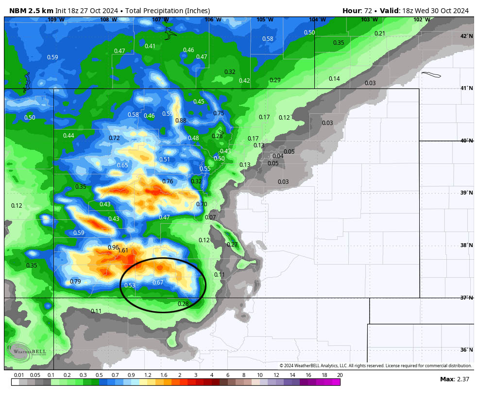 Winter weather headed our way… 2 NBM precip to noon on Wednesday shows 0.67” near Pagosa, 0.28” near Chama, and up to 1.50” near Wolf Creek.