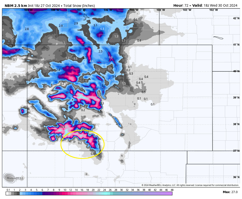 Winter weather headed our way… 3 NBM snow to noon on Wednesday shows 0.20” near Pagosa, up to 2” over the higher parts of the valley, and 10-15” near Wolf Creek.